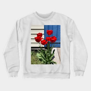 Red Tulips in front of a Blue Door Crewneck Sweatshirt